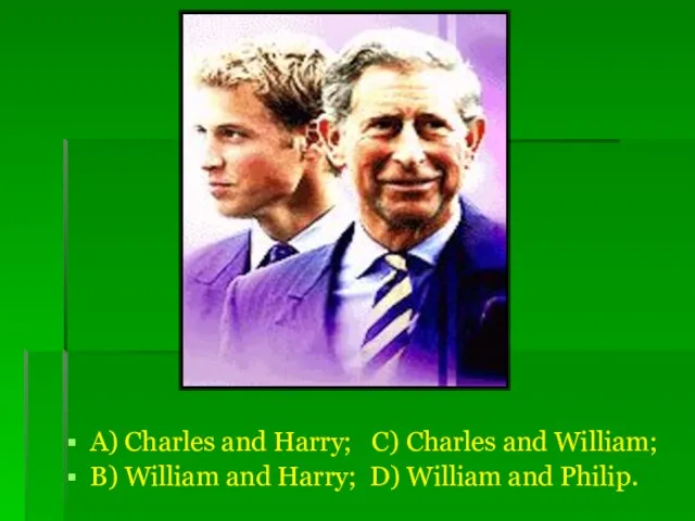 A) Charles and Harry; C) Charles and William; B) William and Harry; D) William and Philip.