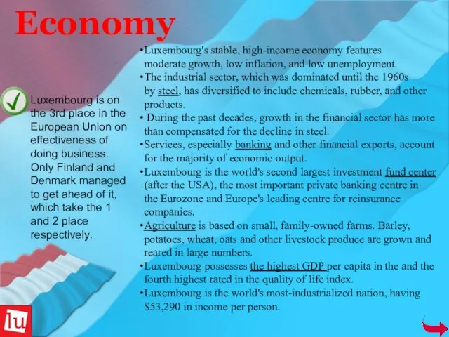 Luxembourg's stable, high-income economy features moderate growth, low inflation, and low unemployment.