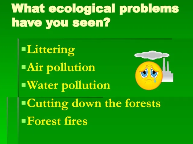 What ecological problems have you seen? Littering Air pollution Water pollution Cutting