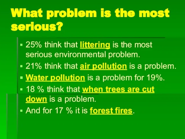 What problem is the most serious? 25% think that littering is the