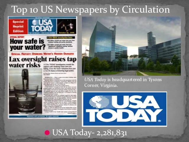USA Today- 2,281,831 Top 10 US Newspapers by Circulation USA Today is