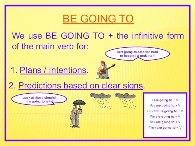 BE GOING TO We use BE GOING TO + the infinitive form