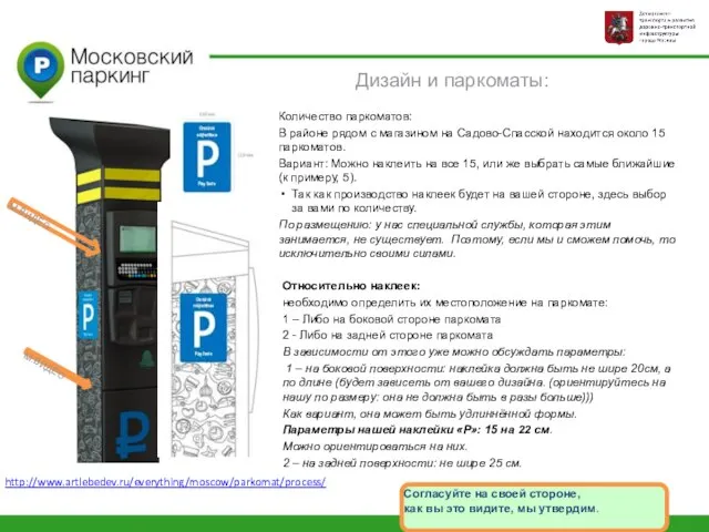 Дизайн и паркоматы: Количество паркоматов: В районе рядом с магазином на Садово-Спасской