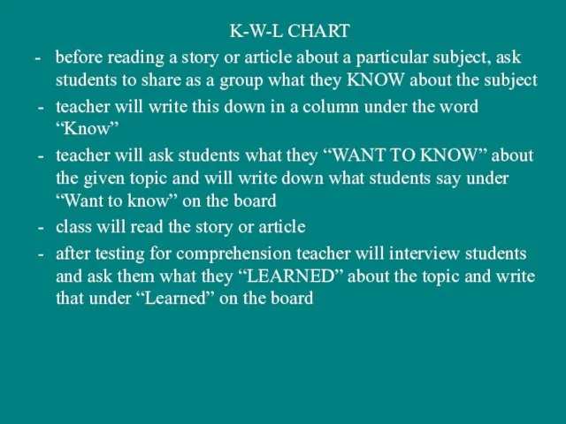 K-W-L CHART - before reading a story or article about a particular