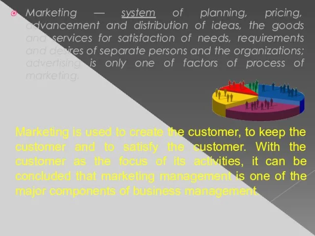 Marketing — system of planning, pricing, advancement and distribution of ideas, the