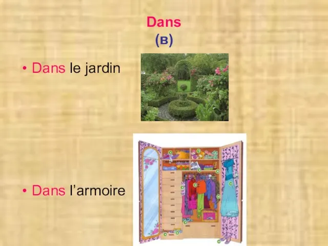 Dans (в) Dans le jardin Dans l’armoire