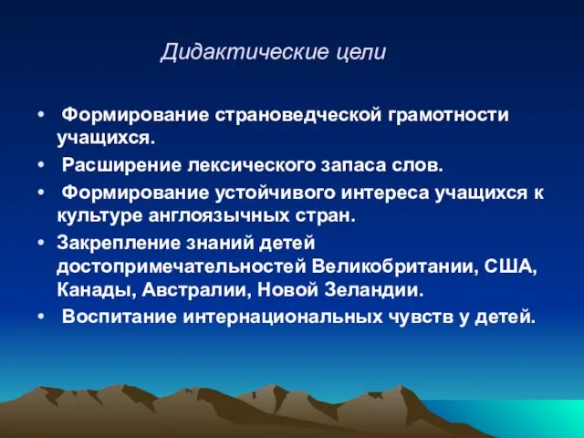 Дидактические цели Формирование страноведческой грамотности учащихся. Расширение лексического запаса слов. Формирование устойчивого