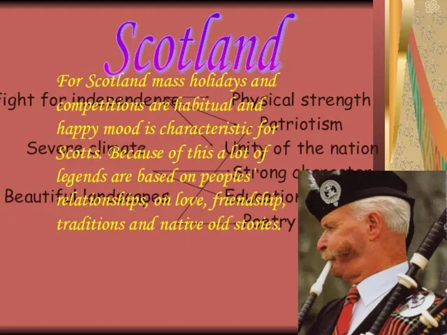 Scotland Fight for independence Severe climate Beautiful landscapes Physical strength Patriotism Unity
