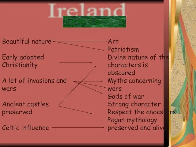 Ireland Beautiful nature Early adopted Christianity A lot of invasions and wars