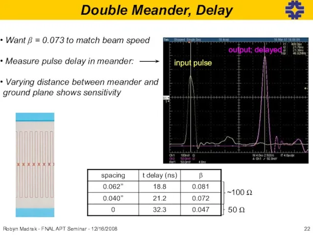 Double Meander, Delay Robyn Madrak - FNAL APT Seminar - 12/16/2008 Want