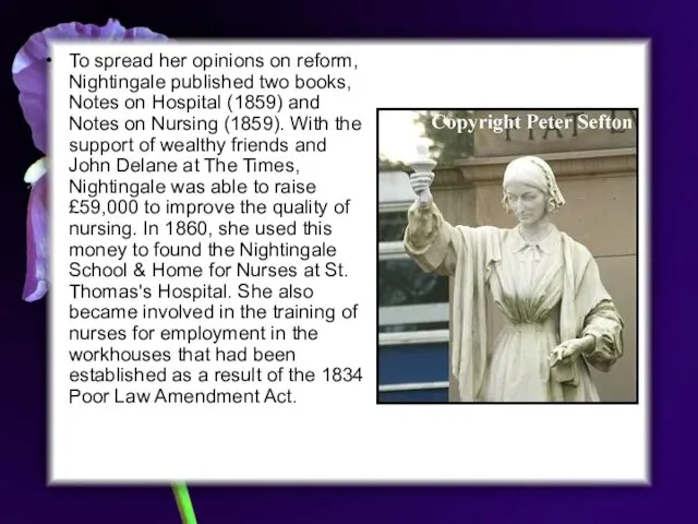 To spread her opinions on reform, Nightingale published two books, Notes on