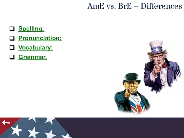 AmE vs. BrE – Differences Spelling; Pronunciation; Vocabulary; Grammar.