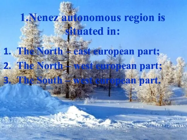 1.Nenez autonomous region is situated in: The North – east european part;