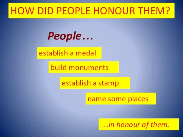 HOW DID PEOPLE HONOUR THEM? People… establish a medal build monuments name