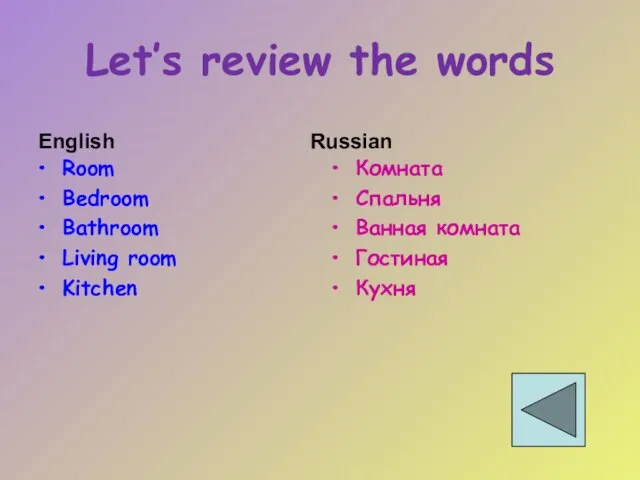 Let’s review the words Room Bedroom Bathroom Living room Kitchen Комната Спальня