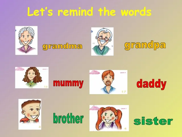 Let’s remind the words mummy daddy brother sister grandma grandpa