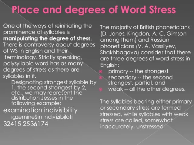 Place and degrees of Word Stress One of the ways of reinitiating
