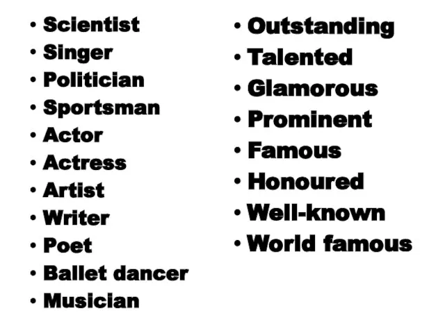 Scientist Singer Politician Sportsman Actor Actress Artist Writer Poet Ballet dancer Musician