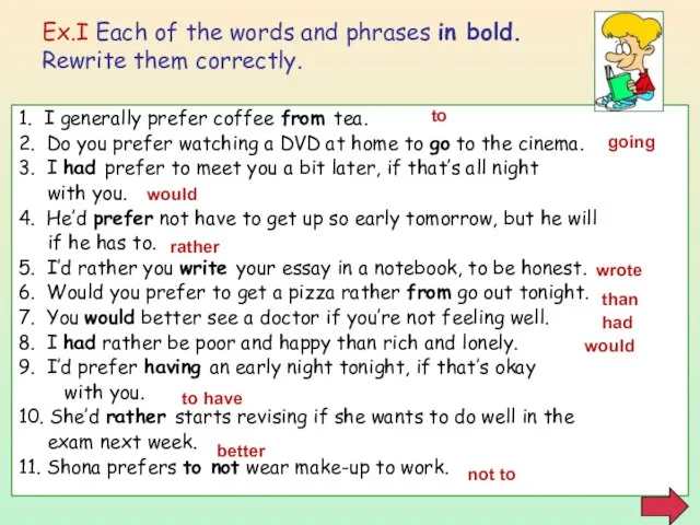 Ex.I Each of the words and phrases in bold. Rewrite them correctly.