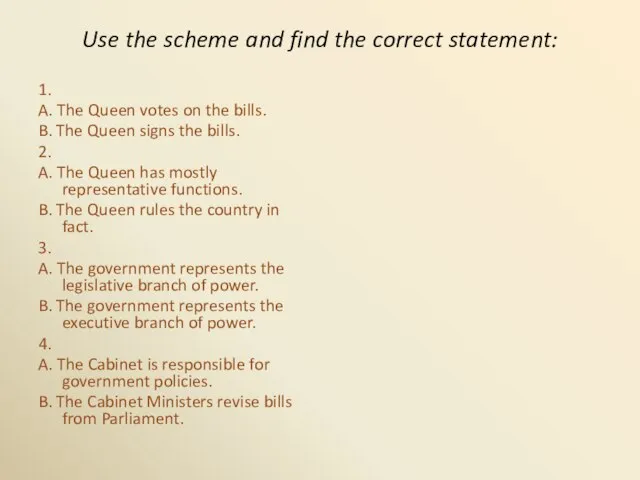 Use the scheme and find the correct statement: 1. A. The Queen
