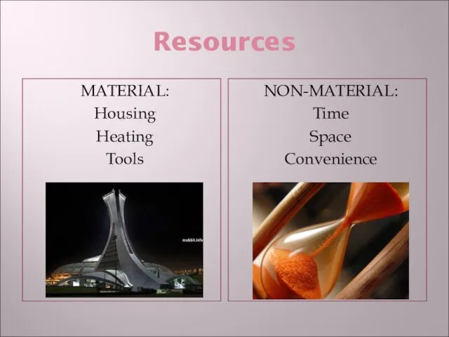 Resources MATERIAL: Housing Heating Tools NON-MATERIAL: Time Space Convenience