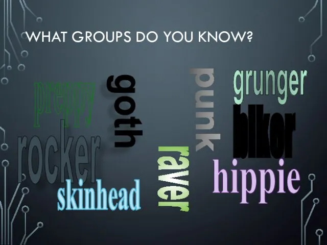 What groups do you know? rocker hippie punk grunger skinhead goth raver preppy biker