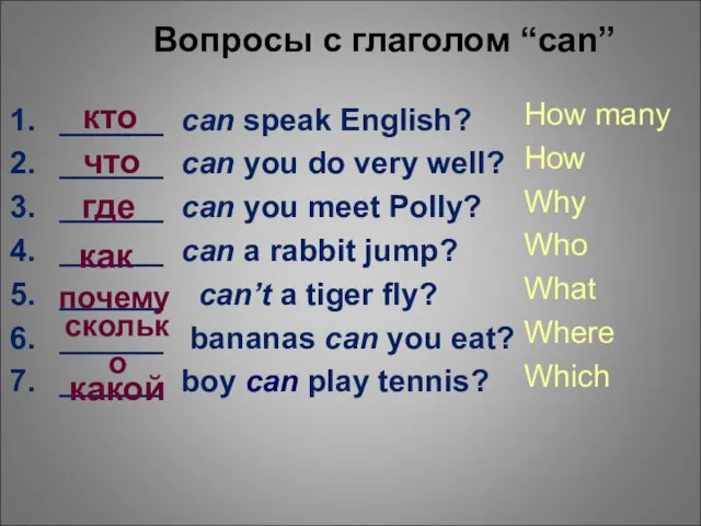 Вопросы с глаголом “can” ______ can speak English? ______ can you do