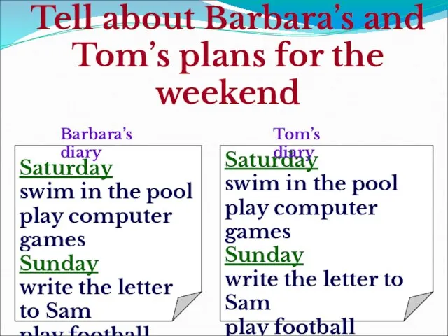 Tell about Barbara’s and Tom’s plans for the weekend Saturday swim in