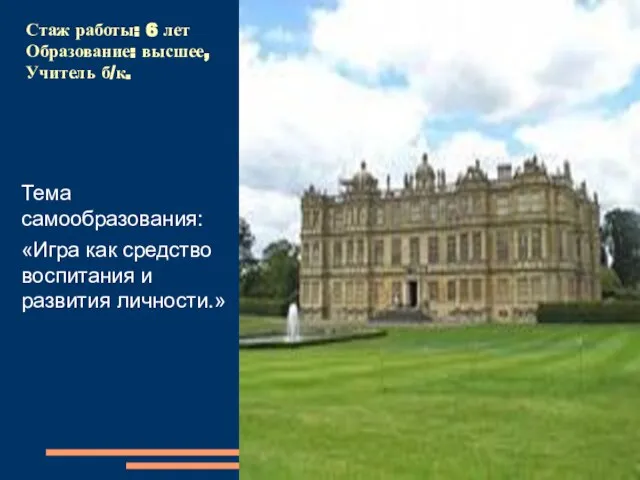 Стаж работы: 6 лет Образование: высшее, Учитель б/к. Тема самообразования: «Игра как