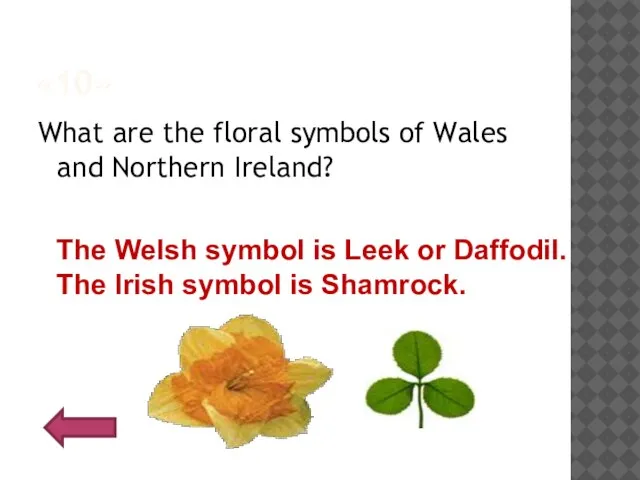 «10» What are the floral symbols of Wales and Northern Ireland? The