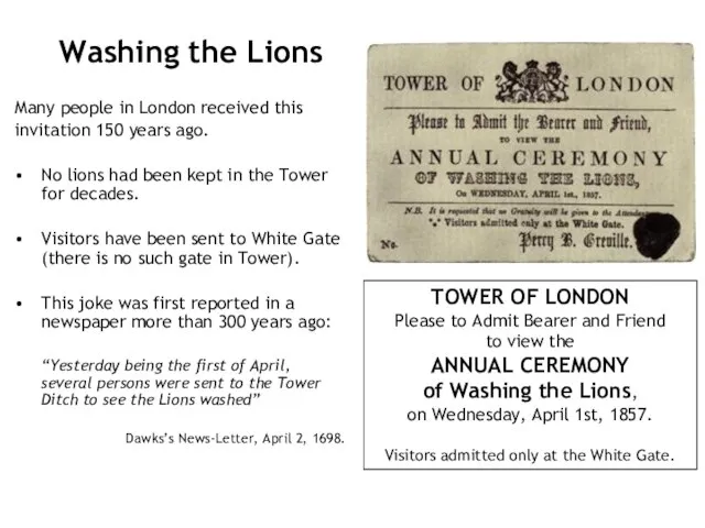 Washing the Lions Many people in London received this invitation 150 years