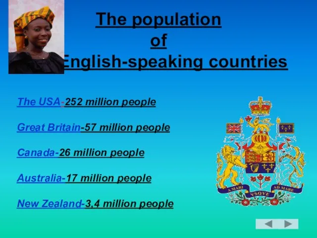The population of English-speaking countries The USA-252 million people Great Britain-57 million