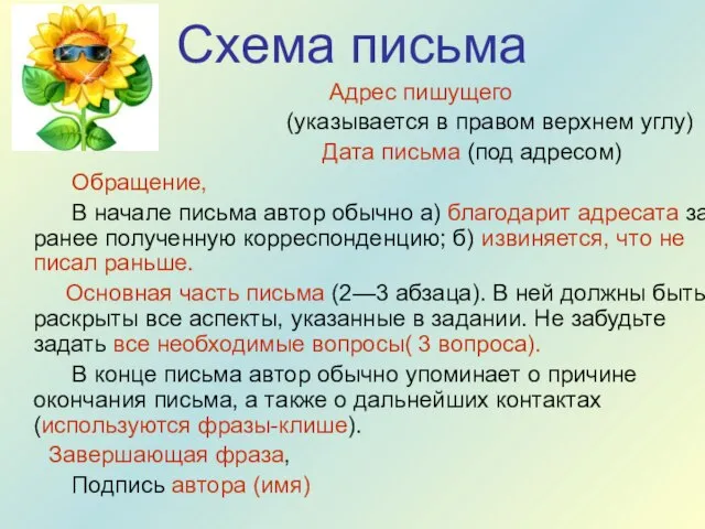 Схема письма Адрес пишущего (указывается в правом верхнем углу) Дата письма (под