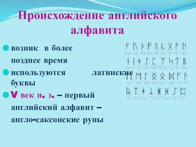 Происхождение английского алфавита возник в более позднее время используются латинские буквы V