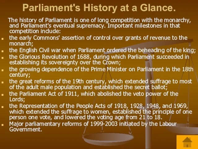 Parliament's History at a Glance. The history of Parliament is one of