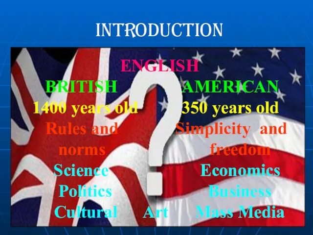 Introduction ENGLISH BRITISH AMERICAN 1400 years old 350 years old Rules and