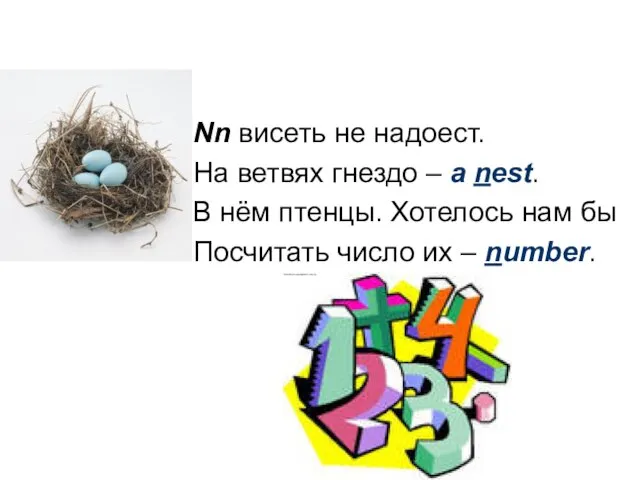 Nn висеть не надоест. На ветвях гнездо – a nest. В нём