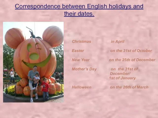 Correspondence between English holidays and their dates. Christmas in April Easter on