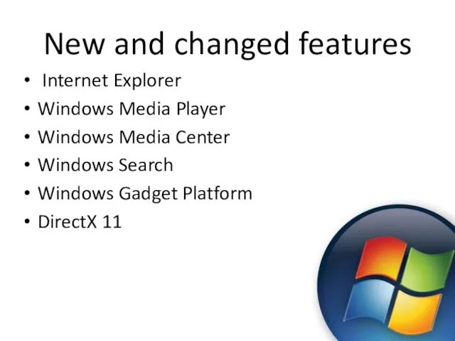 New and changed features Internet Explorer Windows Media Player Windows Media Center