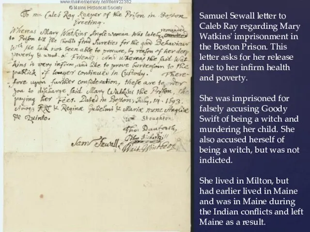 Samuel Sewall letter to Caleb Ray regarding Mary Watkins' imprisonment in the