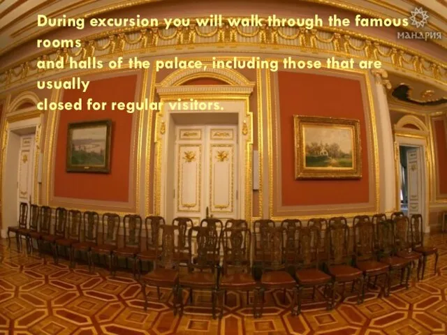 During excursion you will walk through the famous rooms and halls of