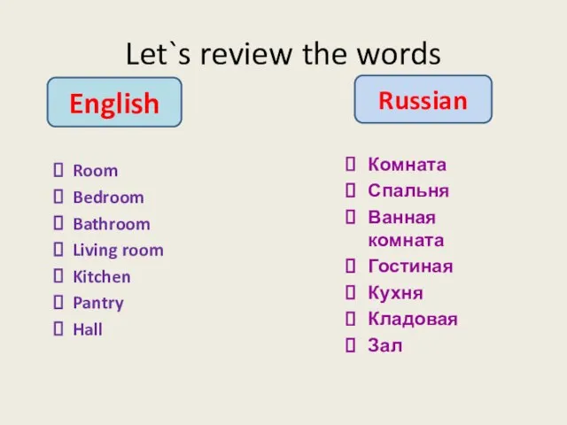 Let`s review the words Room Bedroom Bathroom Living room Kitchen Pantry Hall