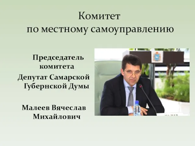 Комитет по местному самоуправлению Председатель комитета Депутат Самарской Губернской Думы Малеев Вячеслав Михайлович