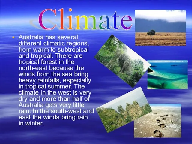 Australia has several different climatic regions, from warm to subtropical and tropical.