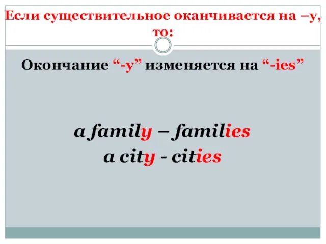 Если существительное оканчивается на –y, то: Окончание “-y” изменяется на “-ies” a