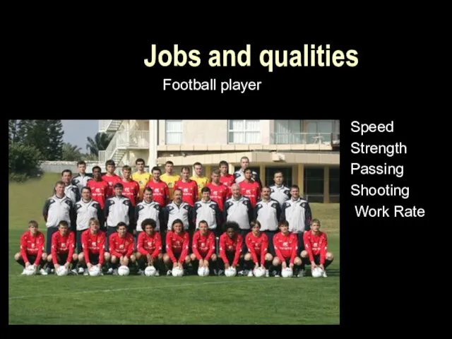 Jobs and qualities Football player Speed Strength Passing Shooting Work Rate