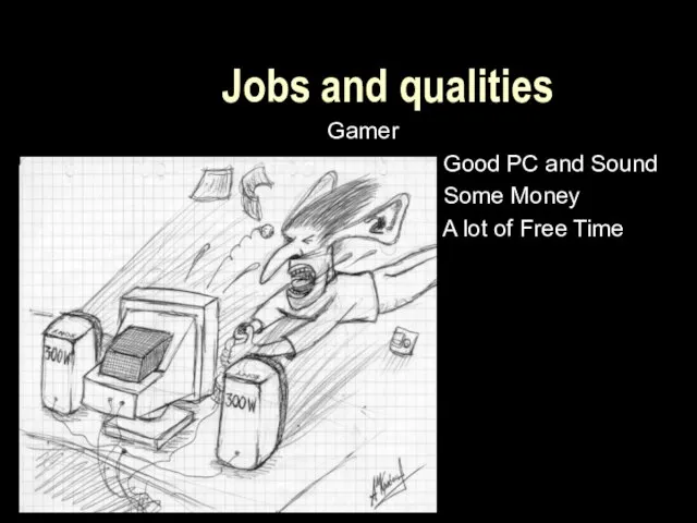 Jobs and qualities Gamer Good PC and Sound Some Money A lot of Free Time