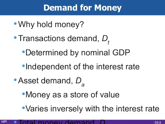 Demand for Money Why hold money? Transactions demand, Dt Determined by nominal