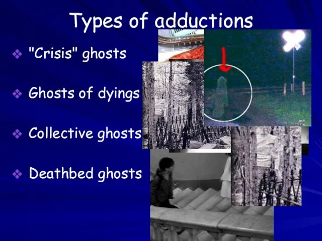 Types of adductions "Crisis" ghosts Ghosts of dyings Collective ghosts Deathbed ghosts