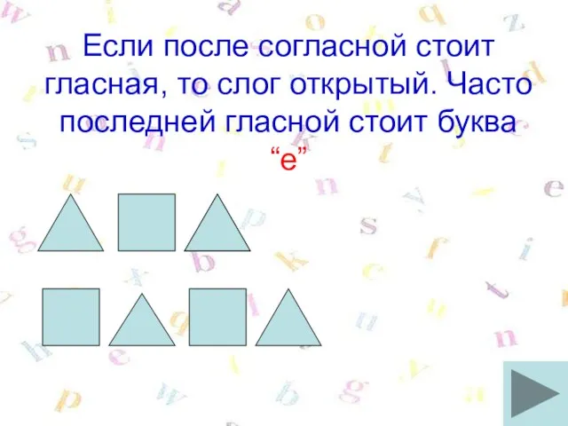 Если после согласной стоит гласная, то слог открытый. Часто последней гласной стоит буква “e”